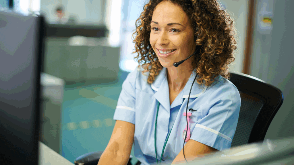 Nurse practitioner using a virtual scribe to manage medical documentation challenges during a busy clinic day